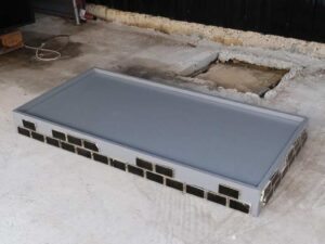 Product tray, blue-gray wooden frame Decorated with brown bricks