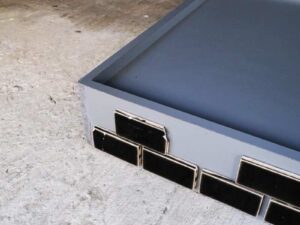 Product tray, blue-gray wooden frame Decorated with brown bricks
