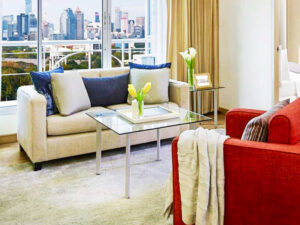 Center table, glass top, steel legs