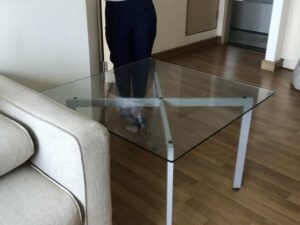 Center table, glass top, steel legs