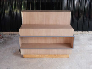 Product shelf, display stand, 1 side, wooden frame, brown wood pattern, has 1 compartment.