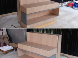 Product shelf, display stand, 1 side, wooden frame, brown wood pattern, has 1 compartment.