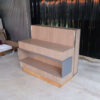 Product shelf, display stand, 1 side, wooden frame, brown wood pattern, has 1 compartment.