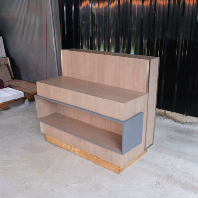 Product shelf, display stand, 1 side, wooden frame, brown wood pattern, has 1 compartment.