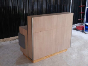 Product shelf, display stand, 1 side, wooden frame, brown wood pattern, has 1 compartment.