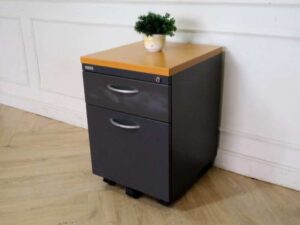 Mobile cabinet, 2 drawers, with wheels, gray color, wooden top, Moflex brand.
