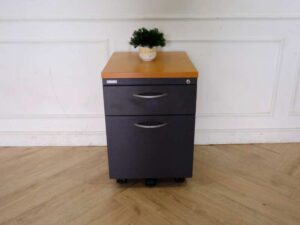 Mobile cabinet, 2 drawers, with wheels, gray color, wooden top, Moflex brand.