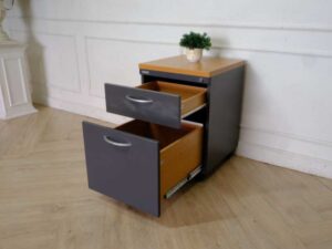Mobile cabinet, 2 drawers, with wheels, gray color, wooden top, Moflex brand.