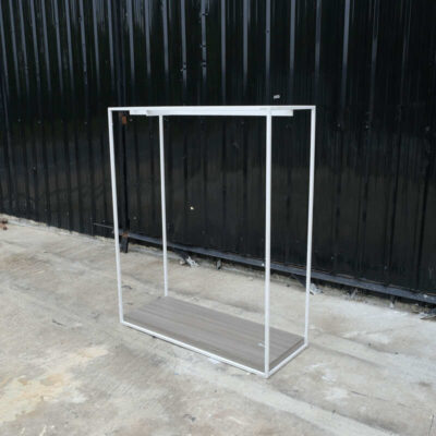 Open product shelves, with a hanging rail at the top. white steel frame Brown wood pattern base