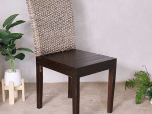 An all-wood chair with a beautiful frame and a chic woven rope backrest.