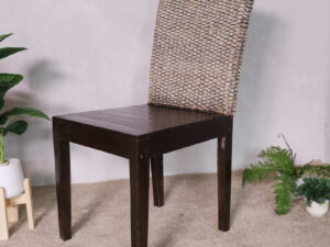 An all-wood chair with a beautiful frame and a chic woven rope backrest.