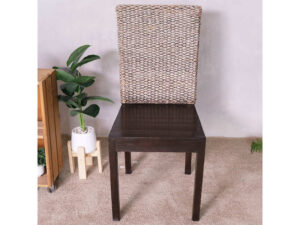 An all-wood chair with a beautiful frame and a chic woven rope backrest.
