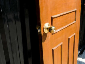 Wooden door, solid mullion door, hinges, gold knobs.