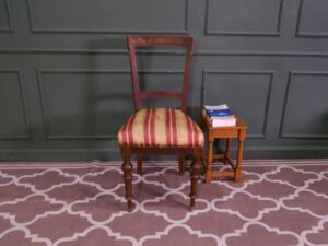 Striped chair, cream/red fabric cushion, European work from Germany.