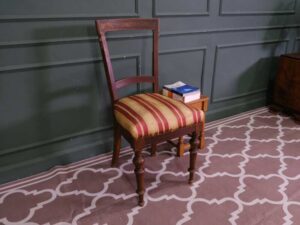 Striped chair, cream/red fabric cushion, European work from Germany.