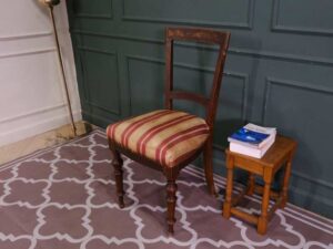 Striped chair, cream/red fabric cushion, European work from Germany.