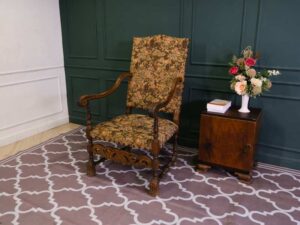 carved chair Brown floral pattern fabric cushion, European workmanship, sourced from Germany.