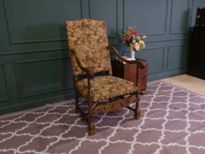 carved chair Brown floral pattern fabric cushion, European workmanship, sourced from Germany.