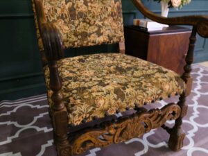 carved chair Brown floral pattern fabric cushion, European workmanship, sourced from Germany.
