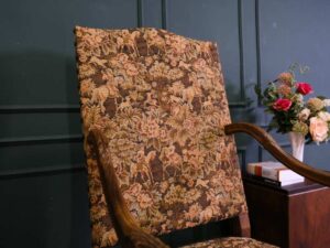 carved chair Brown floral pattern fabric cushion, European workmanship, sourced from Germany.