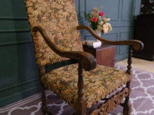 carved chair Brown floral pattern fabric cushion, European workmanship, sourced from Germany.