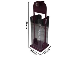 Tall product holder Product display box, red-purple color, attached to clear acrylic.