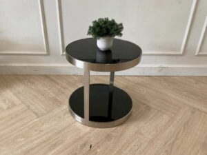 Circular side table stainless steel frame black glass top modern decoration