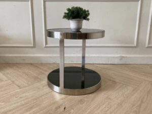 Circular side table stainless steel frame black glass top modern decoration