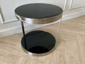 Circular side table stainless steel frame black glass top modern decoration