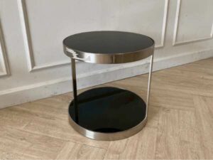 Circular side table stainless steel frame black glass top modern decoration