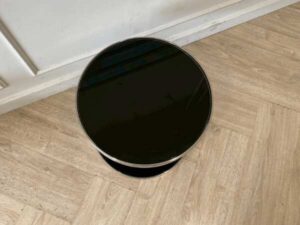 Circular side table stainless steel frame black glass top modern decoration