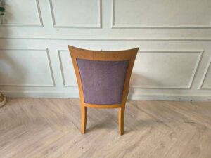 Wooden chair, gray fabric cushion, beautiful brown frame. The backrest has a cushion.