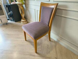 Wooden chair, gray fabric cushion, beautiful brown frame. The backrest has a cushion.