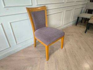 Wooden chair, gray fabric cushion, beautiful brown frame. The backrest has a cushion.