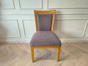 Wooden chair, gray fabric cushion, beautiful brown frame. The backrest has a cushion.