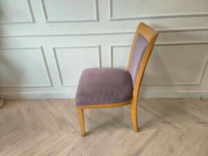 Wooden chair, gray fabric cushion, beautiful brown frame. The backrest has a cushion.