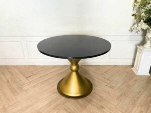 Round table, stainless steel legs, gold color, black wooden top