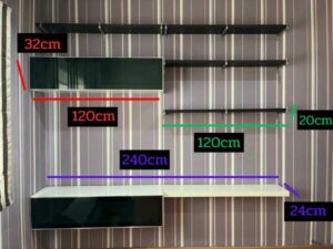 Ready-made shelf set, wall-mounted, built-in