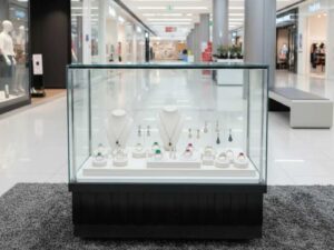 Jewelry cabinet, glass cabinet to display products Rectangular shape Sliding glass door, 2 drawers