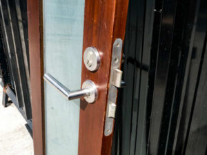 Tall, narrow wooden door, glass panel, lever-type knob.