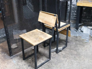 Wooden chair with backrest, restaurant, bar, cafe chair, black steel frame.