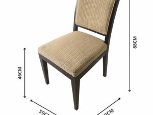 Wooden chair, cream-colored fabric cushion with straight lines. Beautiful frame, dark brown. The backrest has a cushion.
