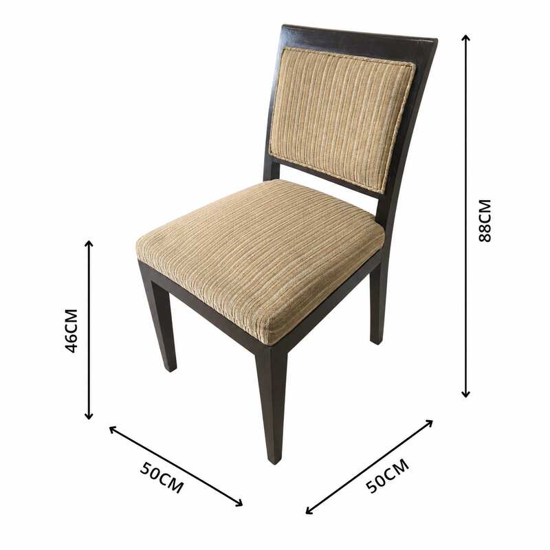 Wooden chair, cream-colored fabric cushion with straight lines. Beautiful frame, dark brown. The backrest has a cushion.