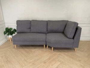 3-seat corner sofa, wooden frame, fabric cushion, grey color