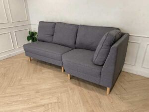 3-seat corner sofa, wooden frame, fabric cushion, grey color