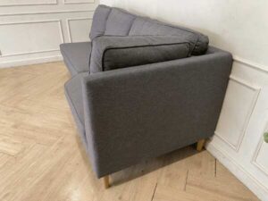 3-seat corner sofa, wooden frame, fabric cushion, grey color