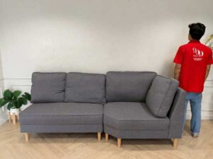 3-seat corner sofa, wooden frame, fabric cushion, grey color