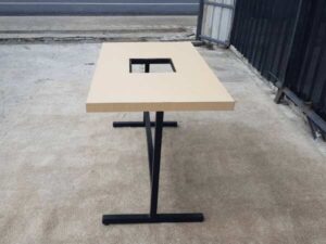 Set of 2 tables and chairs, steel legs, wooden top, cream color