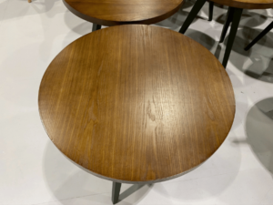 Round wooden table, steel legs, black
