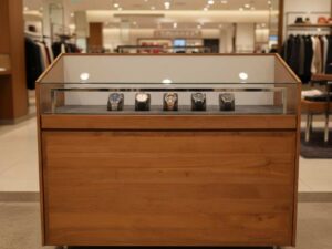 Glass display cabinet with 2 drawers, teak, brown
